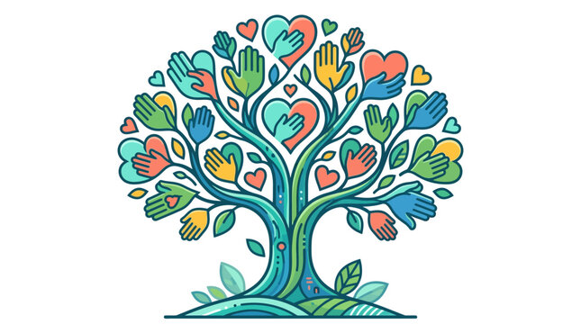 Conceptual tree of life illustration with colorful hands and hearts representing community, charity, social unity, and support