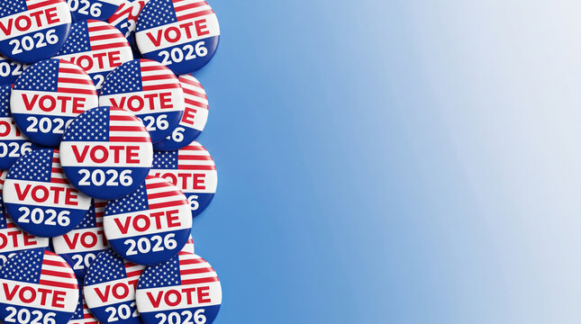 2026 midterm elections vote badge collage. American us election campaign. voting polling ballot, government democracy freedom, patriotic citizen banner