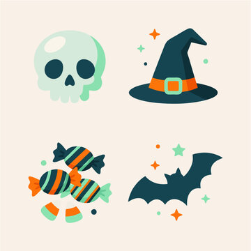 Cute Halloween icon set with human skull, witch hat, trick or treat candies, candy corn, and flying bat vector illustration