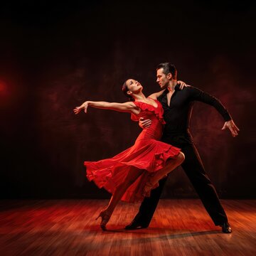 A dynamic couple performs a passionate, energetic salsa dance routine, bathed in dramatic red lighting that enhances movement and atmosphere, latin dance, red lights, performance