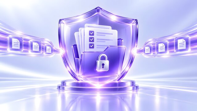 Shield protecting locked digital folder while secure electronic documents stream into centralized storage