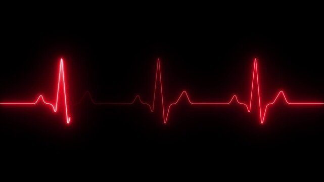 Red glowing neon heartbeat pulse animation on black background showing cardiogram line style in loop ECG medical concept. 4K video