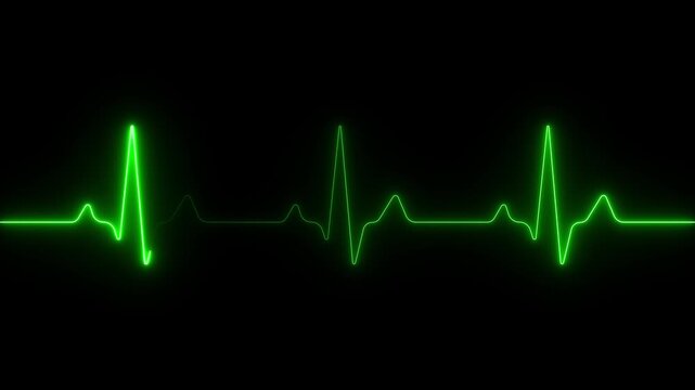 Green glowing neon heartbeat pulse animation on black background showing cardiogram line style in loop ECG medical concept. 4K video
