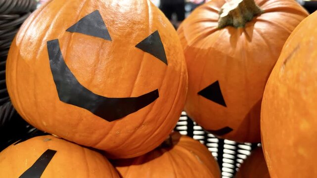 Halloween Pumpkin Sticker Faces Stacked in a Display