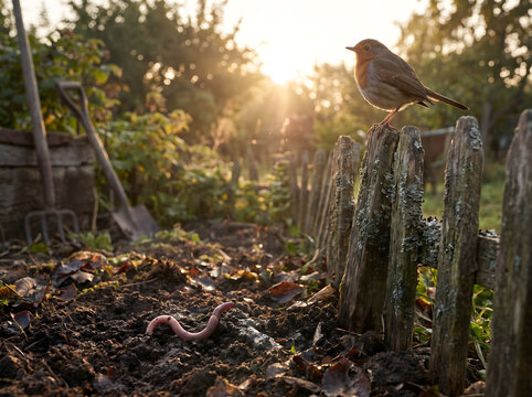 Early bird gets the worm proverb concept with a robin perched on a rustic wooden fence in a sunny garden