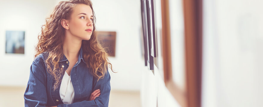 Young woman appreciating art in a gallery, exploring exhibition culture and finding inspiration