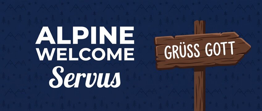 Alpine welcome Gruss Gott Servus wooden signpost greeting graphic on dark blue background with faint mountains and pine trees pattern symbolizing traditional Bavarian Austrian hospitality and travel.