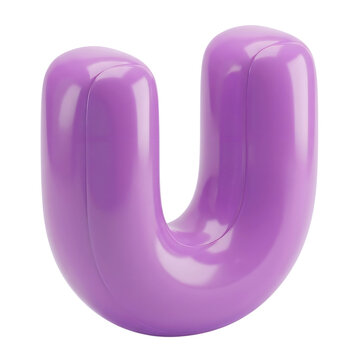 A shiny purple inflatable balloon shaped like the letter u on white background