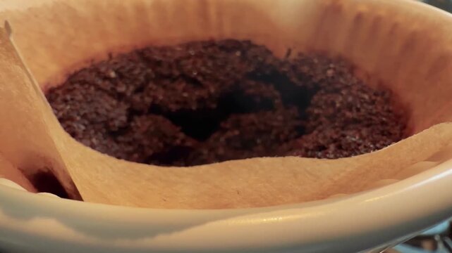 Used Coffee Grounds in a Filter Cone After Brewing