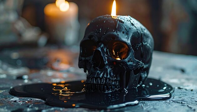 Human skull candle melting with black wax tears