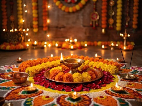 A traditional Diwali puja background with glowing diya lamps, marigold flowers, and rose petals on a decorative floor, creating a warm, spiritual atmosphere, holy, beautiful, deepam