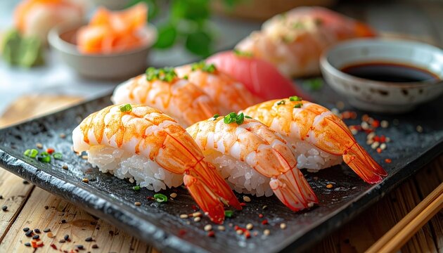 Row of fresh cooked ebi shrimp nigiri sushi