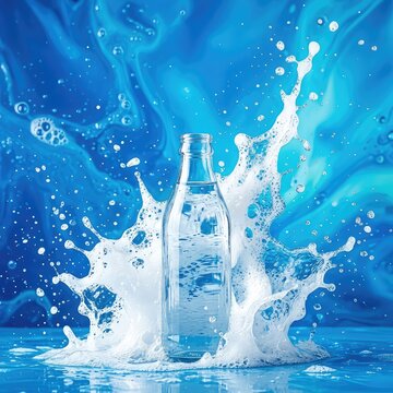 Abstract blue background with vibrant, white foam splashes, evoking feelings of pristine cleanliness, purity, and natural freshness for product backdrops, bubbles rising, pure, clean