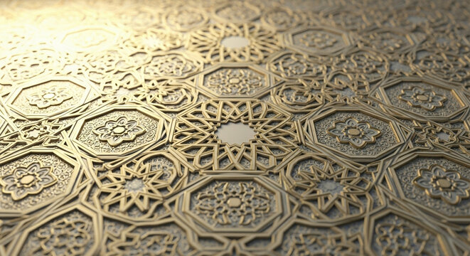 Intricate traditional Arabic golden ornamentation featuring geometric star motifs carved delicately across a rich textured surface creating a mesmerizing cultural artistic display