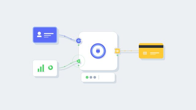 Central API integration hub connecting cloud applications with modular geometric data cables