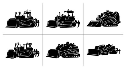 Bulldozer silhouettes set with construction vehicles for industry and transport logos © Hasib