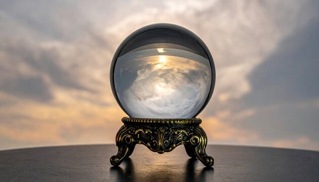 Clear crystal ball on ornate bronze stand