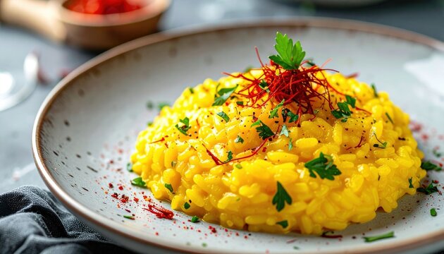 Classic saffron risotto alla Milanese garnished with fresh parsley