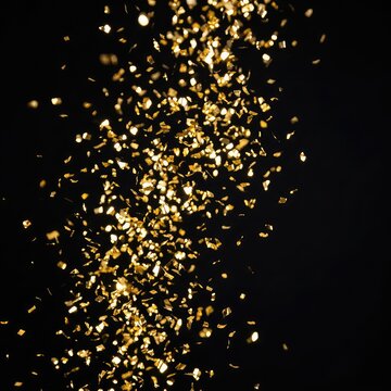 Elegant gold foil confetti descends gently against a rich black background, creating a dazzling display of light and movement. Perfect for any celebration, vibrant, glint, particles