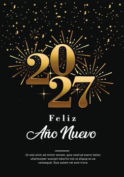 &iexcl;Feliz A&ntilde;o Nuevo 2027! Tarjeta de felicitaci&oacute;n de celebraci&oacute;n con fuegos artificiales y fondo abstracto.