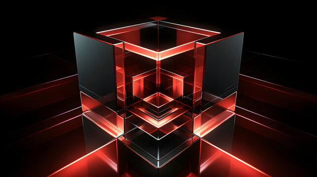 Glowing 3D geometric cube with polygonal structure in dark futuristic neon lighting