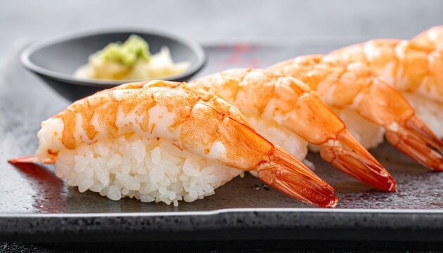 Row of fresh cooked ebi shrimp nigiri sushi