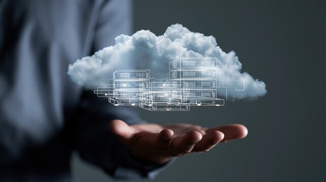 Business professional holds a building blueprint projected inside a fluffy cloud, representing cloud computing concept
