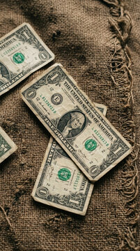 US Dollar Bills on Textured Burlap Surface Financial Concept Money Background