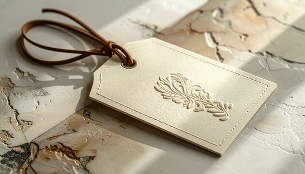 Elegant embossed cream paper tag with leather cord