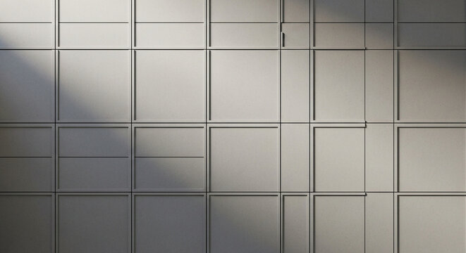 Sunlight casts gentle shadows across the intersecting grid patterns of a geometric architectural wall partition featuring subtle depth and soft tonal gradations in a contemporary room