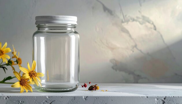 Empty clear glass jar with white lid