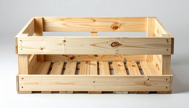 Empty light wood storage crate with wide front slat
