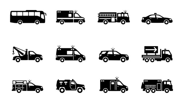 Emergency Vehicle Icons Set, Transport Collection, Service Car Graphics