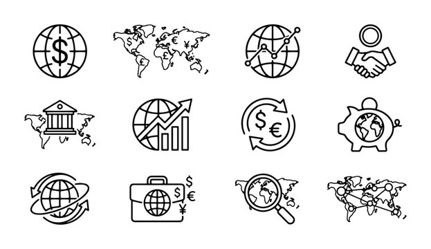 Global Finance Icons, World Economy Symbols, International Business Graphics