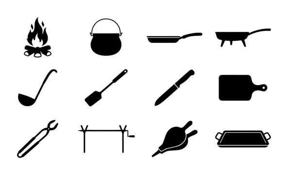 Camping Kitchenware Icons, Outdoor Cooking Utensils, Campfire Gear Set