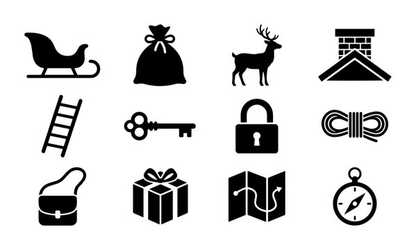 Christmas Icons Set: Sleigh, Reindeer, Gift, Santa Bag, Chimney, Ladder, Key, Lock, Rope, Map, Compass, Purse