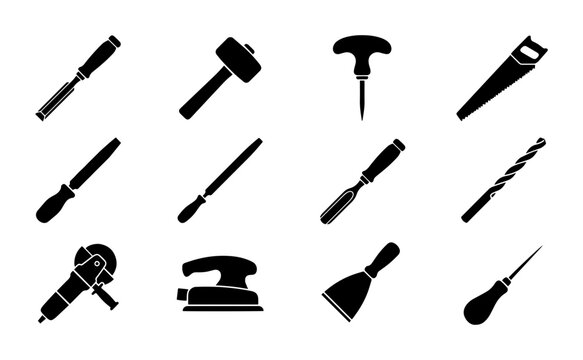 Woodworking Tools Set, Carpentry Equipment Icons, DIY Hand Tools Collection
