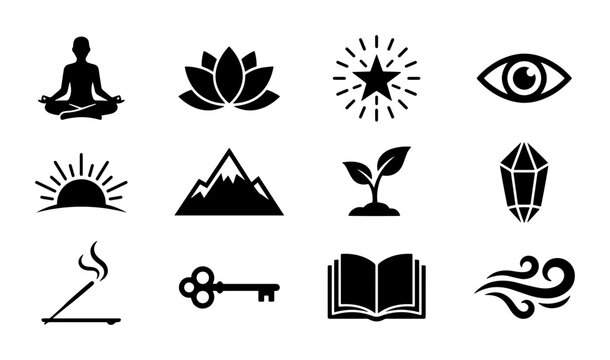 Spiritual Icons Set, Meditation, Lotus, Crystal, Eye, Mountain, Growth, Sunrise