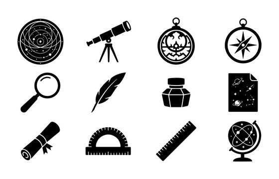 Astronomy & Science Icons Set: Telescope, Globe, Compass, Magnifying Glass, Scroll