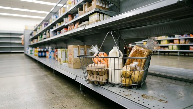 Grocery shopping basket filled with basic food essentials on empty supermarket shelves symbolizing food shortage