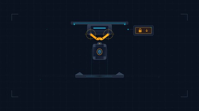 Minimalist vector robotic arm mechanism lifting industrial container on dark grid interface background