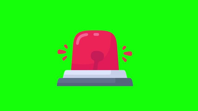 Blinking red emergency warning light with flat design on a bright green screen background