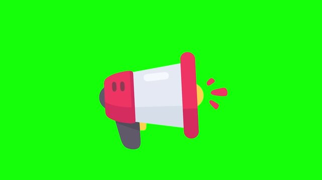 Vibrant cartoon megaphone broadcasting loud sound waves on a bright green screen background