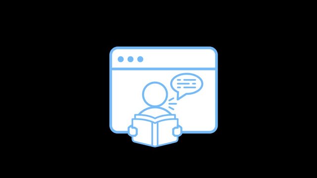 Storytelling icon animation on transparent background showing person reading book with speech bubble on website. Narrative brand communication strategy, digital content marketing, and media idea.