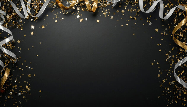 Gold and silver confetti and party streamers on black background, festive top view frame with copy space