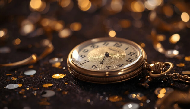 Gold pocket watch at five minutes to midnight with confetti and streamers, New Year countdown concept