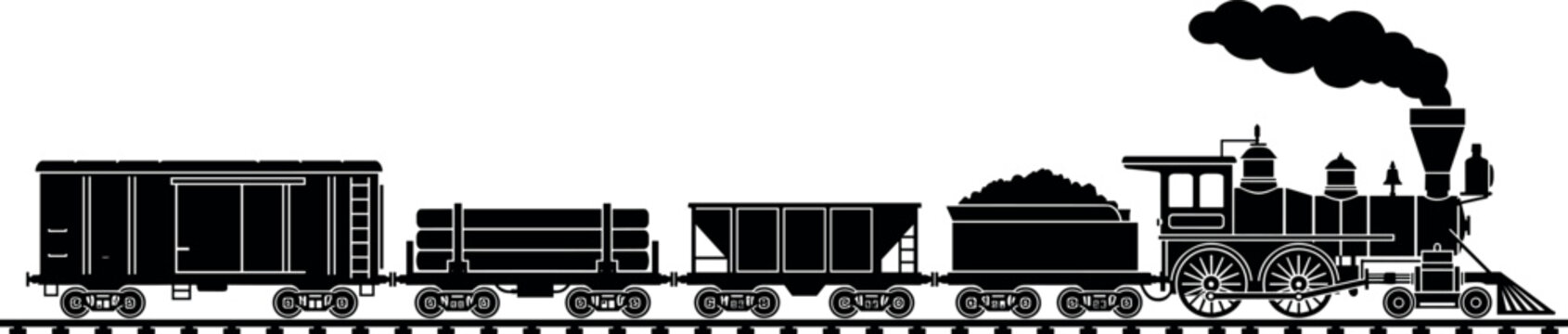 Vintage steam locomotive freight train silhouette vector illustration with cargo wagons and smoke for railway transportation and logistics concept