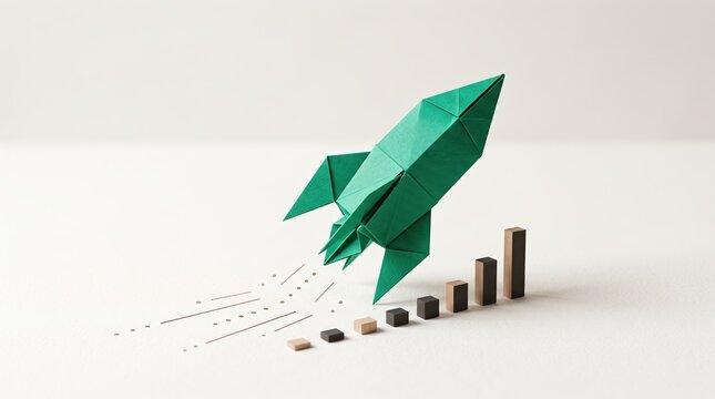 Green Origami Rocket Rising above Wooden Bars for Business Growth