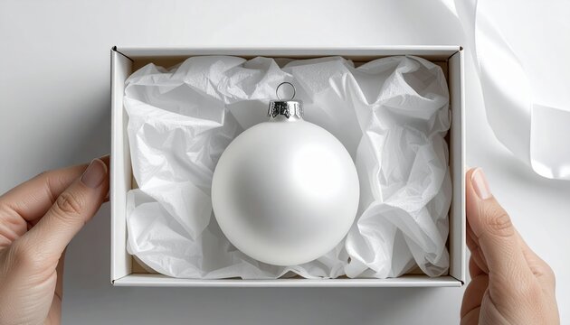 White Christmas ornament inside protective packaging box, holiday product mockup