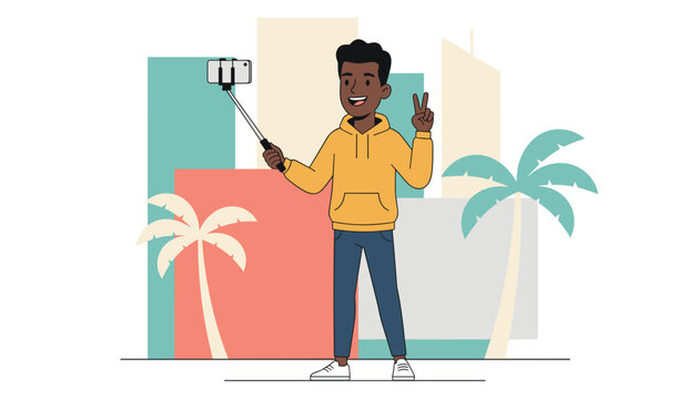 Young man takes selfie with stick making peace sign against city skyline and palm trees showing travel and social media.